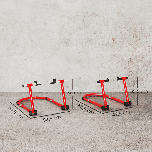 HOMCOM Suporte de Roda Dianteira e Traseira para Mota Carga 390 kg Cavalete Moto Elevador Universal com Adaptadores de Garfos em U e L Ajustáveis e Rodas para Reparação e Manutenção Vermelho