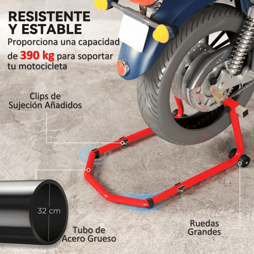 HOMCOM Suporte de Roda Dianteira e Traseira para Mota Carga 390 kg Cavalete Moto Elevador Universal com Adaptadores de Garfos em U e L Ajustáveis e Rodas para Reparação e Manutenção Vermelho
