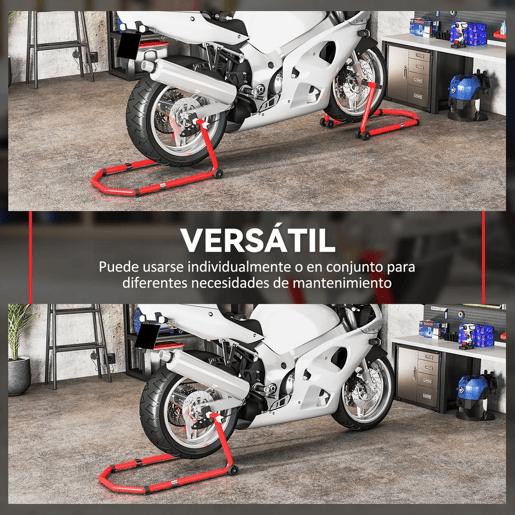 HOMCOM Suporte de Roda Dianteira e Traseira para Mota Carga 390 kg Cavalete Moto Elevador Universal com Adaptadores de Garfos em U e L Ajustáveis e Rodas para Reparação e Manutenção Vermelho