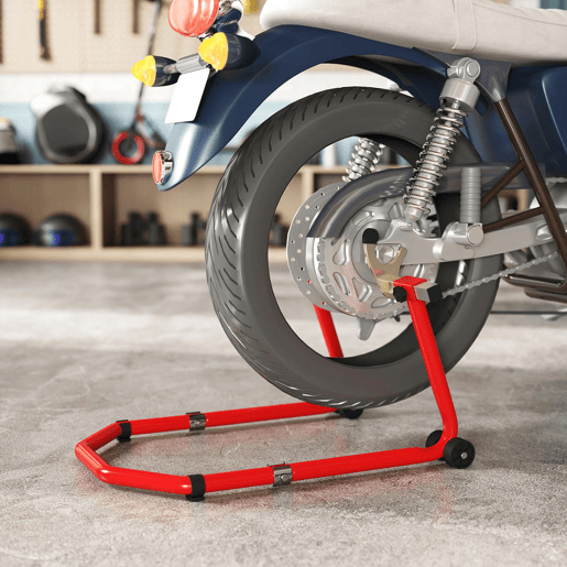 HOMCOM Suporte de Roda Dianteira e Traseira para Mota Carga 390 kg Cavalete Moto Elevador Universal com Adaptadores de Garfos em U e L Ajustáveis e Rodas para Reparação e Manutenção Vermelho