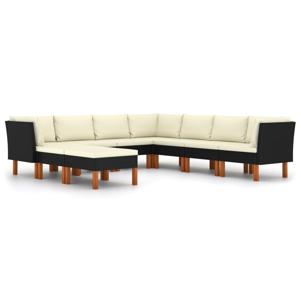 Set de muebles de jardín 9 pzas y cojines ratán sintético negro