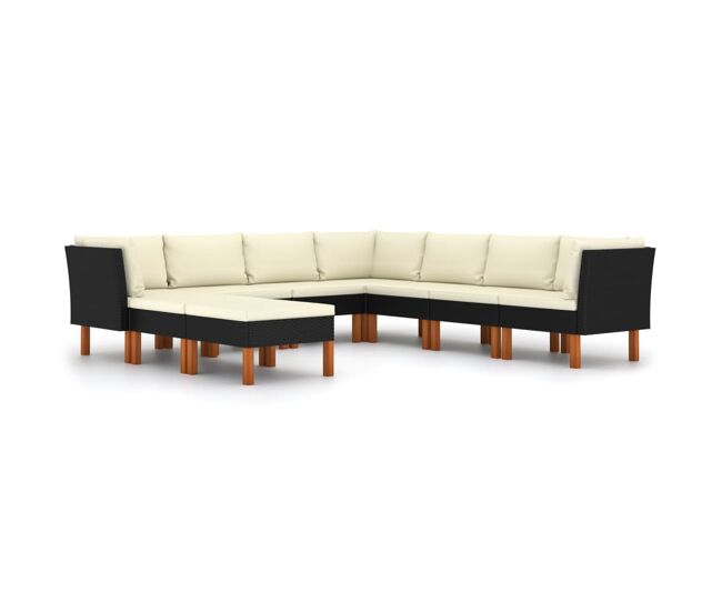 Set de muebles de jardín 9 pzas y cojines ratán sintético negro