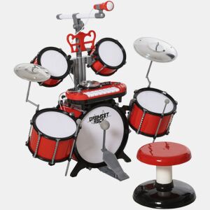 HOMCOM Kit de bateria infantil para crianças acima de 3 anos com tamborete microfone Pratos teclado e vários efeitos de DJ 77,5x40x76,5 cm Vermelho