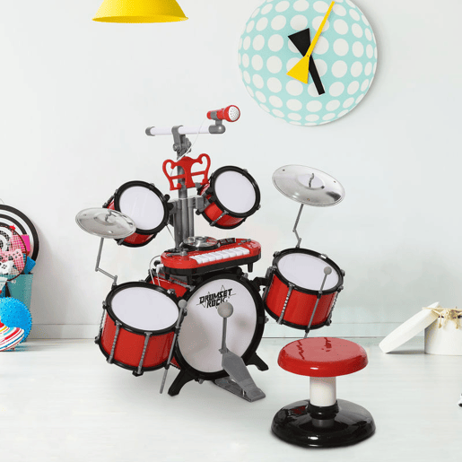 HOMCOM Kit de bateria infantil para crianças acima de 3 anos com tamborete microfone Pratos teclado e vários efeitos de DJ 77,5x40x76,5 cm Vermelho HOMCOM Kit de bateria infantil para crianças acima de 3 anos com tamborete microfone Pratos teclado e vários efeitos de DJ 77,5x40x76,5 cm Vermelho