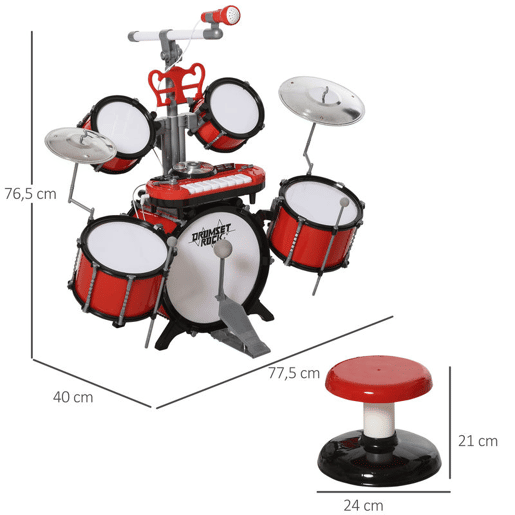 HOMCOM Kit de bateria infantil para crianças acima de 3 anos com tamborete microfone Pratos teclado e vários efeitos de DJ 77,5x40x76,5 cm Vermelho HOMCOM Kit de bateria infantil para crianças acima de 3 anos com tamborete microfone Pratos teclado e vários efeitos de DJ 77,5x40x76,5 cm Vermelho