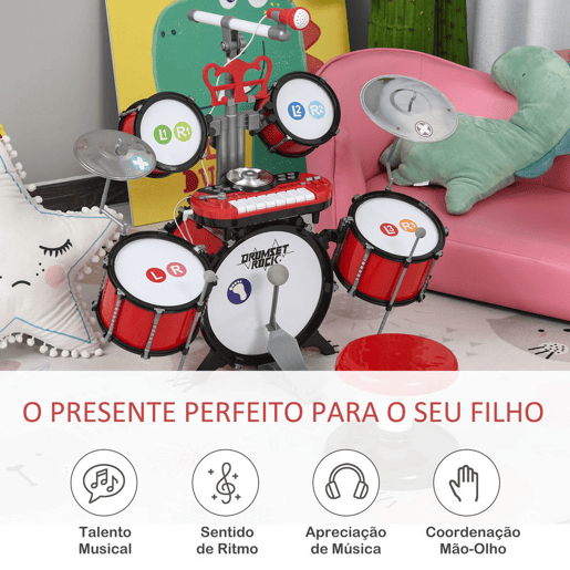 HOMCOM Kit de bateria infantil para crianças acima de 3 anos com tamborete microfone Pratos teclado e vários efeitos de DJ 77,5x40x76,5 cm Vermelho HOMCOM Kit de bateria infantil para crianças acima de 3 anos com tamborete microfone Pratos teclado e vários efeitos de DJ 77,5x40x76,5 cm Vermelho