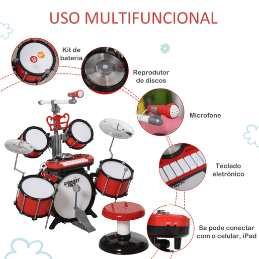 HOMCOM Kit de bateria infantil para crianças acima de 3 anos com tamborete microfone Pratos teclado e vários efeitos de DJ 77,5x40x76,5 cm Vermelho HOMCOM Kit de bateria infantil para crianças acima de 3 anos com tamborete microfone Pratos teclado e vários efeitos de DJ 77,5x40x76,5 cm Vermelho