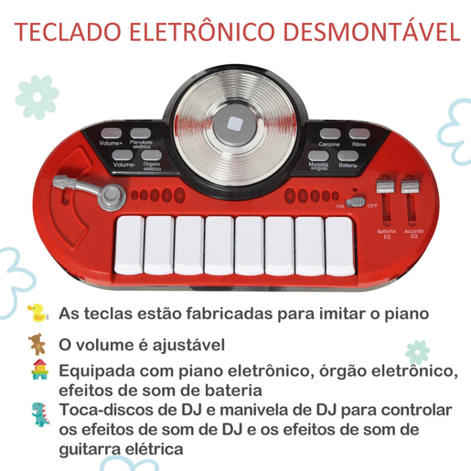 HOMCOM Kit de bateria infantil para crianças acima de 3 anos com tamborete microfone Pratos teclado e vários efeitos de DJ 77,5x40x76,5 cm Vermelho HOMCOM Kit de bateria infantil para crianças acima de 3 anos com tamborete microfone Pratos teclado e vários efeitos de DJ 77,5x40x76,5 cm Vermelho