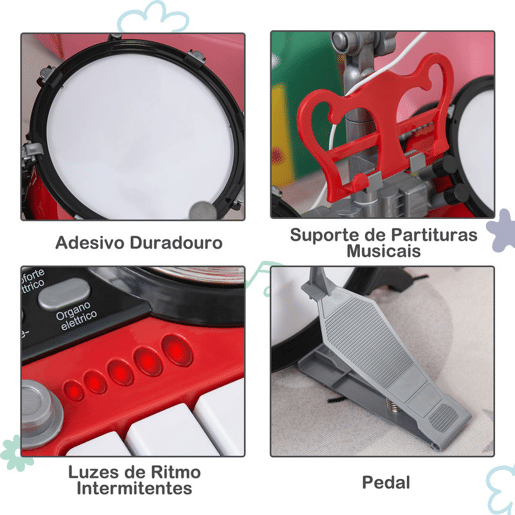 HOMCOM Kit de bateria infantil para crianças acima de 3 anos com tamborete microfone Pratos teclado e vários efeitos de DJ 77,5x40x76,5 cm Vermelho HOMCOM Kit de bateria infantil para crianças acima de 3 anos com tamborete microfone Pratos teclado e vários efeitos de DJ 77,5x40x76,5 cm Vermelho