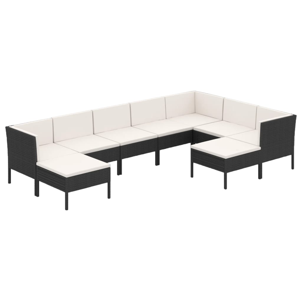 Set muebles de jardín 9 pzas y cojines ratán sintético negro