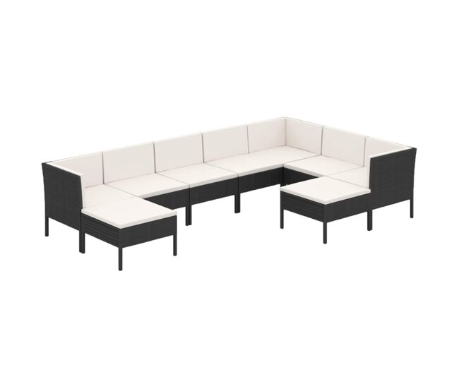 Set muebles de jardín 9 pzas y cojines ratán sintético negro