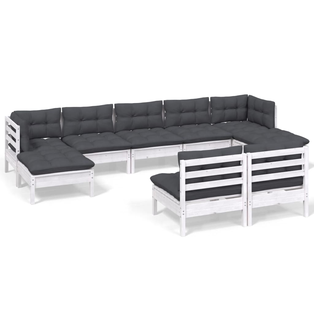 Muebles de jardín 9 pzas con cojines blanco madera de pino
