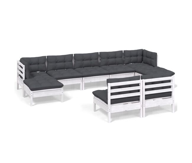 Muebles de jardín 9 pzas con cojines blanco madera de pino