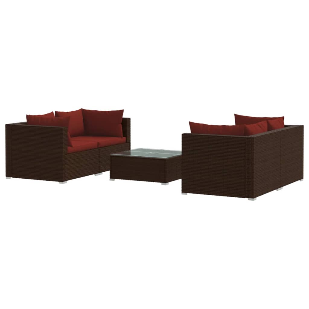 Set muebles de jardín 5 piezas y cojines ratán sintético marrón