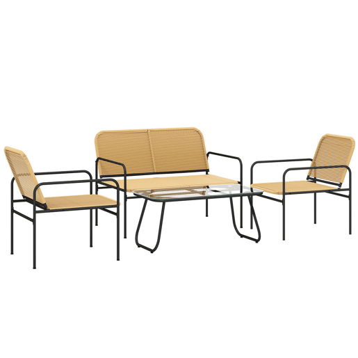 Outsunny Conjunto de Jardim em Vime Conjunto de Varanda Resistente às Intempéries com 2 Poltronas Sofá de 2 Lugares e Mesa com Bancada em Vidro Temperado Madeira e Preto