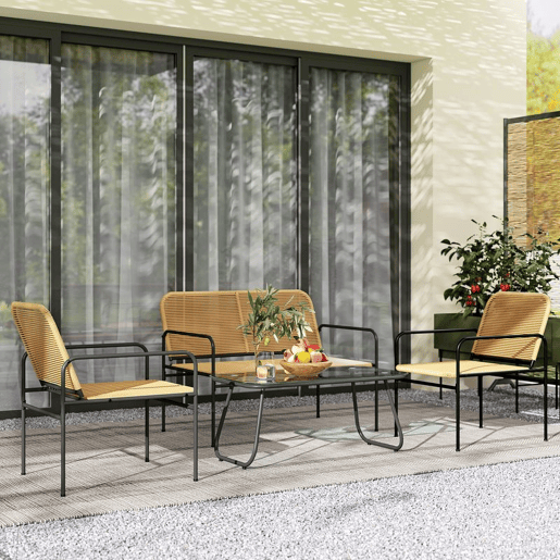Outsunny Conjunto de Jardim em Vime Conjunto de Varanda Resistente às Intempéries com 2 Poltronas Sofá de 2 Lugares e Mesa com Bancada em Vidro Temperado Madeira e Preto
