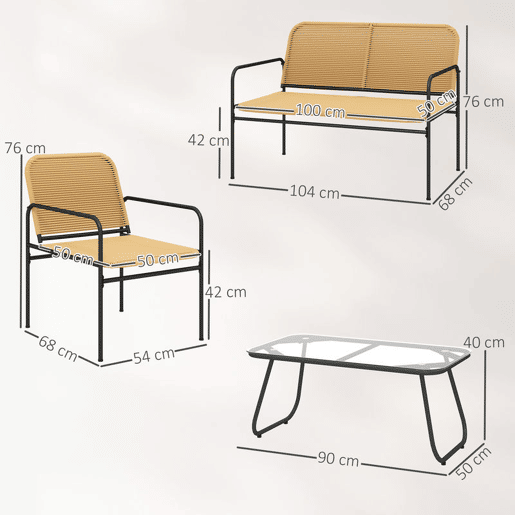 Outsunny Conjunto de Jardim em Vime Conjunto de Varanda Resistente às Intempéries com 2 Poltronas Sofá de 2 Lugares e Mesa com Bancada em Vidro Temperado Madeira e Preto