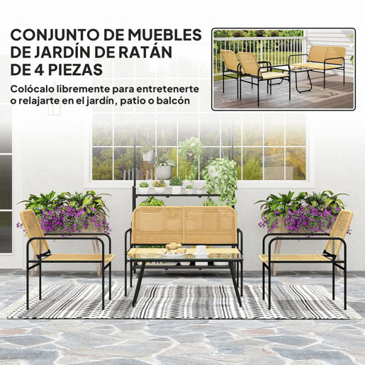 Outsunny Conjunto de Jardim em Vime Conjunto de Varanda Resistente às Intempéries com 2 Poltronas Sofá de 2 Lugares e Mesa com Bancada em Vidro Temperado Madeira e Preto