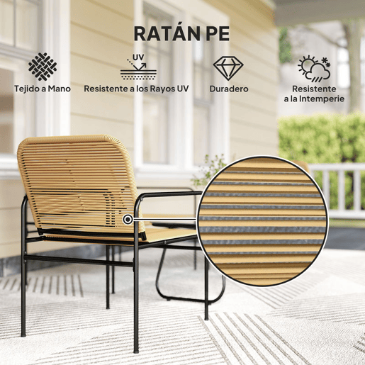 Outsunny Conjunto de Jardim em Vime Conjunto de Varanda Resistente às Intempéries com 2 Poltronas Sofá de 2 Lugares e Mesa com Bancada em Vidro Temperado Madeira e Preto