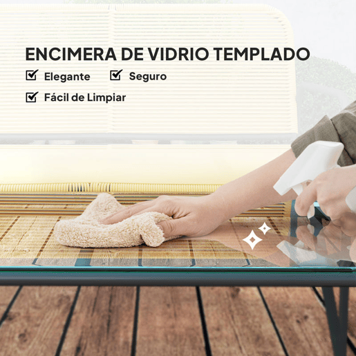 Outsunny Conjunto de Jardim em Vime Conjunto de Varanda Resistente às Intempéries com 2 Poltronas Sofá de 2 Lugares e Mesa com Bancada em Vidro Temperado Madeira e Preto
