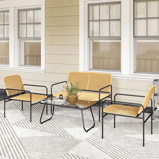 Outsunny Conjunto de Jardim em Vime Conjunto de Varanda Resistente às Intempéries com 2 Poltronas Sofá de 2 Lugares e Mesa com Bancada em Vidro Temperado Madeira e Preto