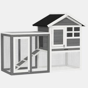 PawHut Coelheira de Madeira Exterior de 2 Níveis Gaiola para Coelhos Animais Pequenos com Zona Aberta Teto Asfáltico Bandeja Removível e Rampa 122x62,6x92 cm Cinzento