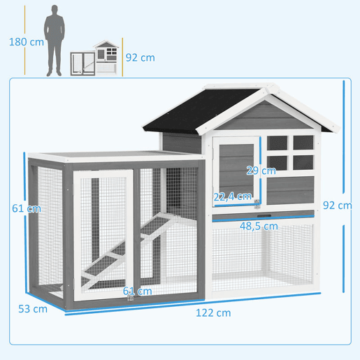 PawHut Coelheira de Madeira Exterior de 2 Níveis Gaiola para Coelhos Animais Pequenos com Zona Aberta Teto Asfáltico Bandeja Removível e Rampa 122x62,6x92 cm Cinzento