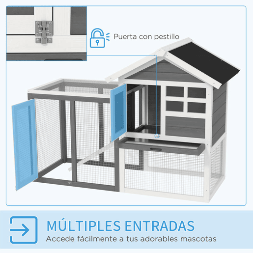 PawHut Coelheira de Madeira Exterior de 2 Níveis Gaiola para Coelhos Animais Pequenos com Zona Aberta Teto Asfáltico Bandeja Removível e Rampa 122x62,6x92 cm Cinzento
