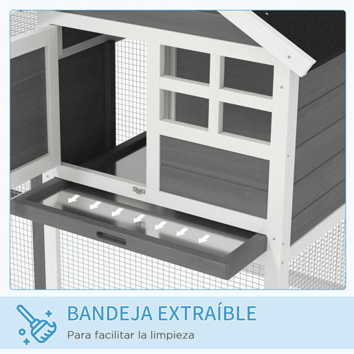 PawHut Coelheira de Madeira Exterior de 2 Níveis Gaiola para Coelhos Animais Pequenos com Zona Aberta Teto Asfáltico Bandeja Removível e Rampa 122x62,6x92 cm Cinzento