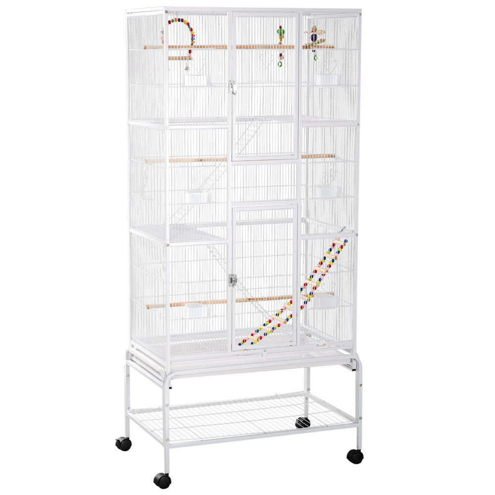 Pawhut jaula para pájaros con ruedas 83x53x180 cm pajarera metálica de 3 niveles con 3 perchas comederos juguetes rampas y estante de almacenamiento para canarios periquitos blanco