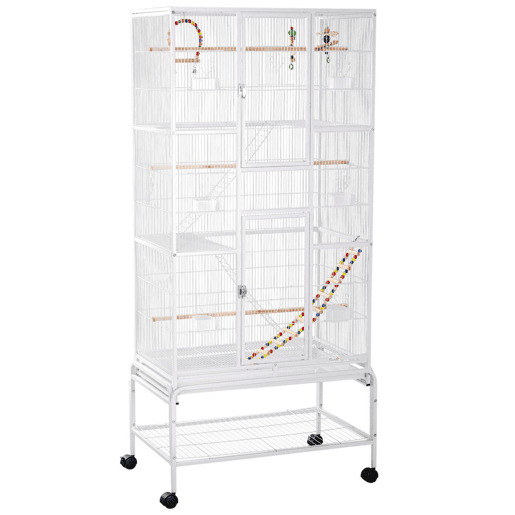 PawHut Gaiola para Pássaros com Rodas 83x53x180 cm Gaiola Metálica de 3 Níveis com 3 Poleiros Comedouros Brinquedos Rampas e Prateleira de Armazenamento para Canários Periquitos Branco