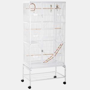 PawHut Gaiola para Pássaros com Rodas 83x53x180 cm Gaiola Metálica de 3 Níveis com 3 Poleiros Comedouros Brinquedos Rampas e Prateleira de Armazenamento para Canários Periquitos Branco