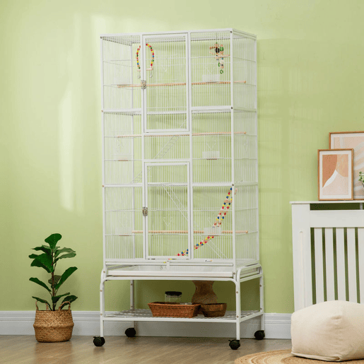 PawHut Gaiola para Pássaros com Rodas 83x53x180 cm Gaiola Metálica de 3 Níveis com 3 Poleiros Comedouros Brinquedos Rampas e Prateleira de Armazenamento para Canários Periquitos Branco