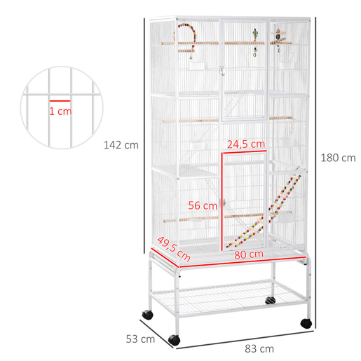 PawHut Gaiola para Pássaros com Rodas 83x53x180 cm Gaiola Metálica de 3 Níveis com 3 Poleiros Comedouros Brinquedos Rampas e Prateleira de Armazenamento para Canários Periquitos Branco