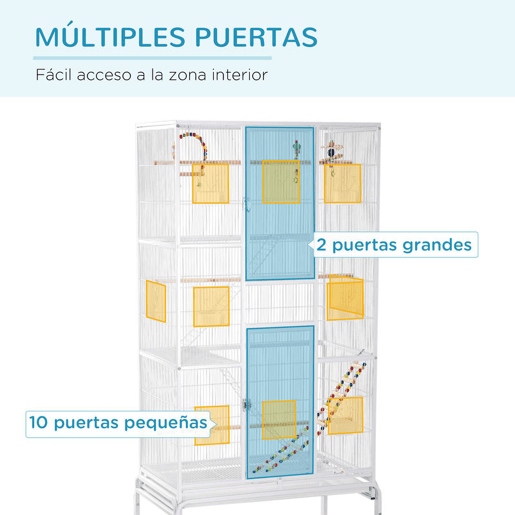PawHut Gaiola para Pássaros com Rodas 83x53x180 cm Gaiola Metálica de 3 Níveis com 3 Poleiros Comedouros Brinquedos Rampas e Prateleira de Armazenamento para Canários Periquitos Branco