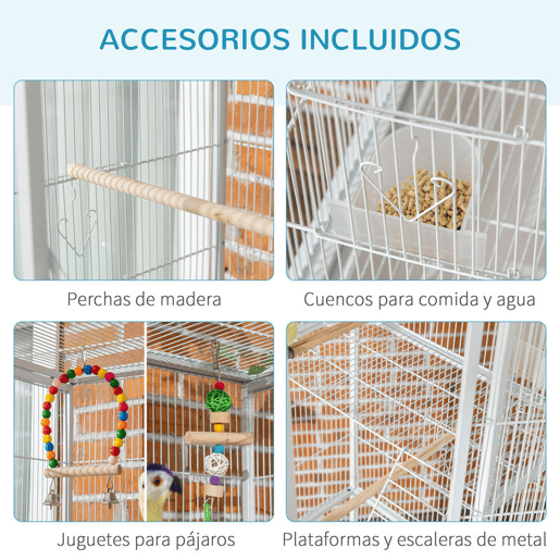PawHut Gaiola para Pássaros com Rodas 83x53x180 cm Gaiola Metálica de 3 Níveis com 3 Poleiros Comedouros Brinquedos Rampas e Prateleira de Armazenamento para Canários Periquitos Branco