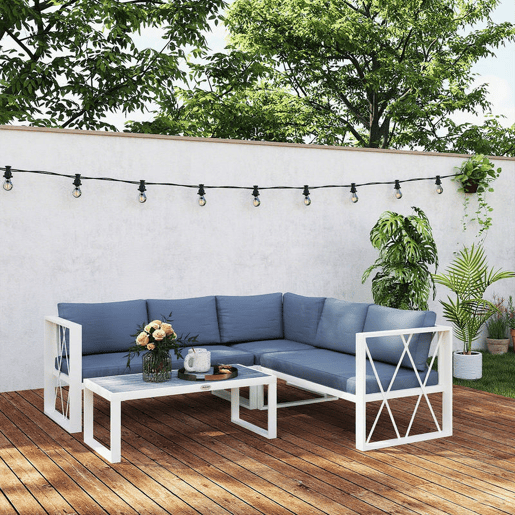 Outsunny Conjunto de Jardim de 4 Peças Móveis de Exterior em Forma de L com 2 Sofás de 2 Lugares Sofá de Canto com Assento Ajustável e Mesa de Centro de DPC com Almofadas Bege e Cinza