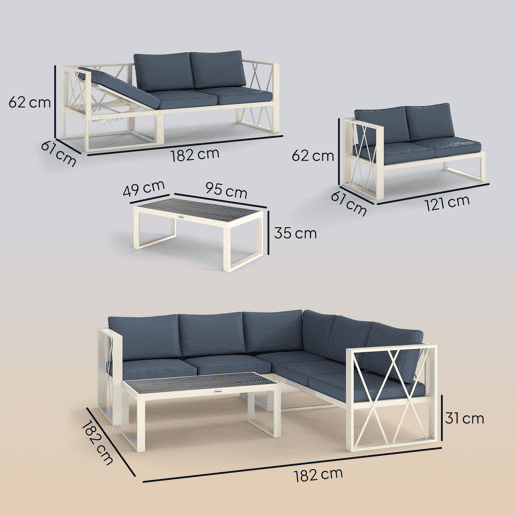 Outsunny Conjunto de Jardim de 4 Peças Móveis de Exterior em Forma de L com 2 Sofás de 2 Lugares Sofá de Canto com Assento Ajustável e Mesa de Centro de DPC com Almofadas Bege e Cinza