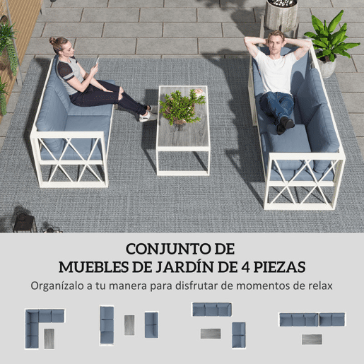 Outsunny Conjunto de Jardim de 4 Peças Móveis de Exterior em Forma de L com 2 Sofás de 2 Lugares Sofá de Canto com Assento Ajustável e Mesa de Centro de DPC com Almofadas Bege e Cinza