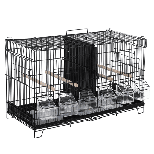 PawHut Gaiola para Pássaros com Divisória Gaiola com Ganchos Superiores Portas Comedouros Poleiros e Bandeja Amovível para Canários Periquitos 59,5x26,5x39,5 cm Preto
