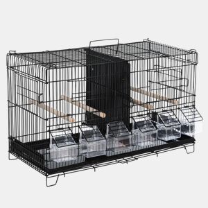 PawHut Gaiola para Pássaros com Divisória Gaiola com Ganchos Superiores Portas Comedouros Poleiros e Bandeja Amovível para Canários Periquitos 59,5x26,5x39,5 cm Preto