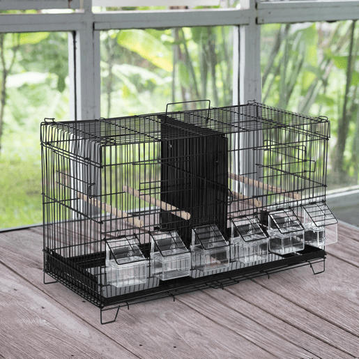 PawHut Gaiola para Pássaros com Divisória Gaiola com Ganchos Superiores Portas Comedouros Poleiros e Bandeja Amovível para Canários Periquitos 59,5x26,5x39,5 cm Preto
