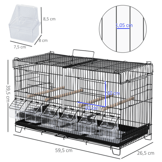 PawHut Gaiola para Pássaros com Divisória Gaiola com Ganchos Superiores Portas Comedouros Poleiros e Bandeja Amovível para Canários Periquitos 59,5x26,5x39,5 cm Preto