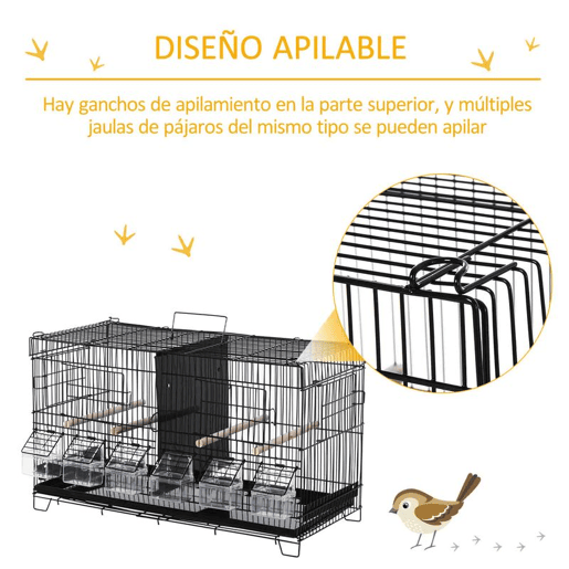 PawHut Gaiola para Pássaros com Divisória Gaiola com Ganchos Superiores Portas Comedouros Poleiros e Bandeja Amovível para Canários Periquitos 59,5x26,5x39,5 cm Preto