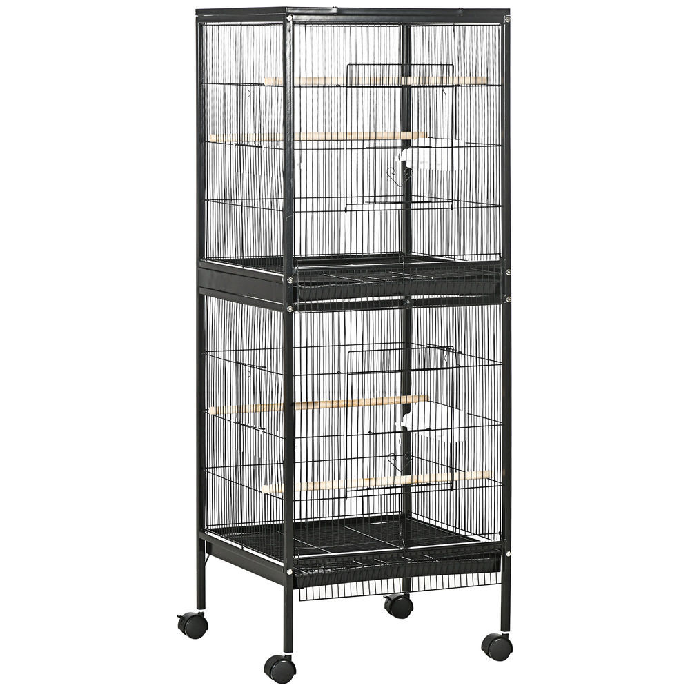 Pawhut jaula para pájaros con ruedas jaula grande de 2 niveles pajarera con bandejas extraíbles puertas comederos perchas para canarios periquitos 51,5x50x140 cm negro