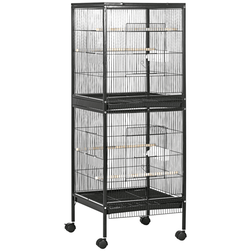 PawHut Gaiola para Pássaros com Rodas Gaiola Grande de 2 Níveis com Bandejas Removíveis Portas Comedouros Poleiros para Canários Periquitos 51,5x50x140 cm Preto