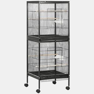 PawHut Gaiola para Pássaros com Rodas Gaiola Grande de 2 Níveis com Bandejas Removíveis Portas Comedouros Poleiros para Canários Periquitos 51,5x50x140 cm Preto