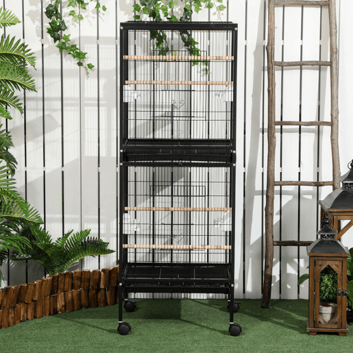 PawHut Gaiola para Pássaros com Rodas Gaiola Grande de 2 Níveis com Bandejas Removíveis Portas Comedouros Poleiros para Canários Periquitos 51,5x50x140 cm Preto