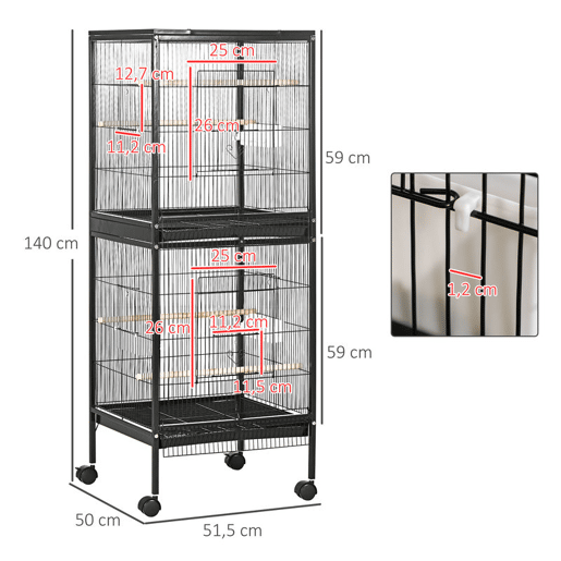 PawHut Gaiola para Pássaros com Rodas Gaiola Grande de 2 Níveis com Bandejas Removíveis Portas Comedouros Poleiros para Canários Periquitos 51,5x50x140 cm Preto