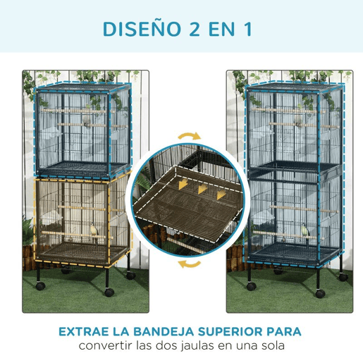 PawHut Gaiola para Pássaros com Rodas Gaiola Grande de 2 Níveis com Bandejas Removíveis Portas Comedouros Poleiros para Canários Periquitos 51,5x50x140 cm Preto